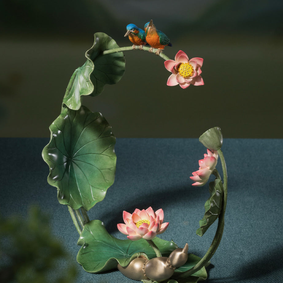 Tongsift Summer Lotus Charm Living Room Desktop Copper Kingfisher and Lotus Flower Ornament Home Decor Craftsmanship