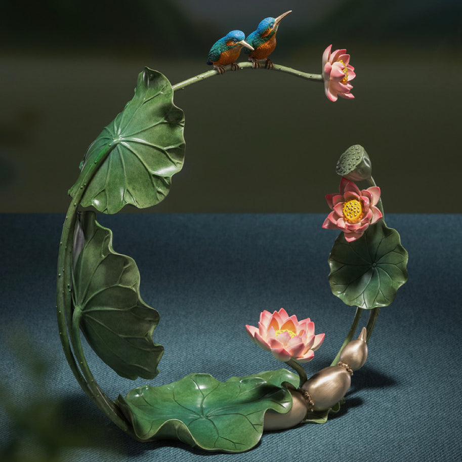 Tongsift Summer Lotus Charm Living Room Desktop Copper Kingfisher and Lotus Flower Ornament Home Decor Craftsmanship