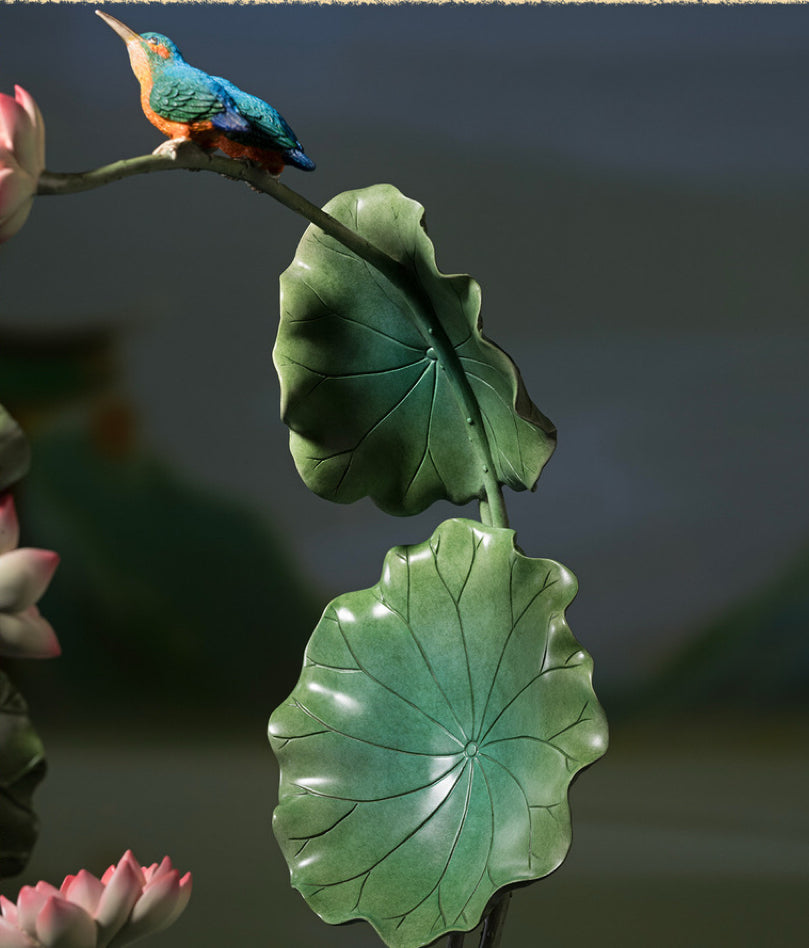 Tongsift Summer Lotus Charm Living Room Desktop Copper Kingfisher and Lotus Flower Ornament Home Decor Craftsmanship