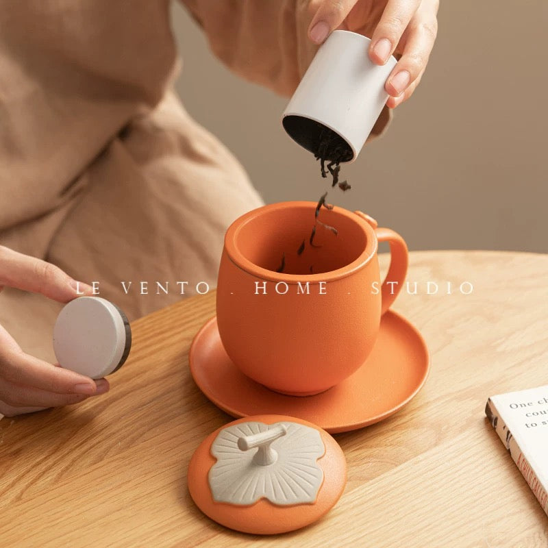 Persimmon of Good Fortun  Ceramic Tea Cup  Traditional Chinese Style Tea Infuser Mug with Filter  Premium Office or Personal Use 380ml