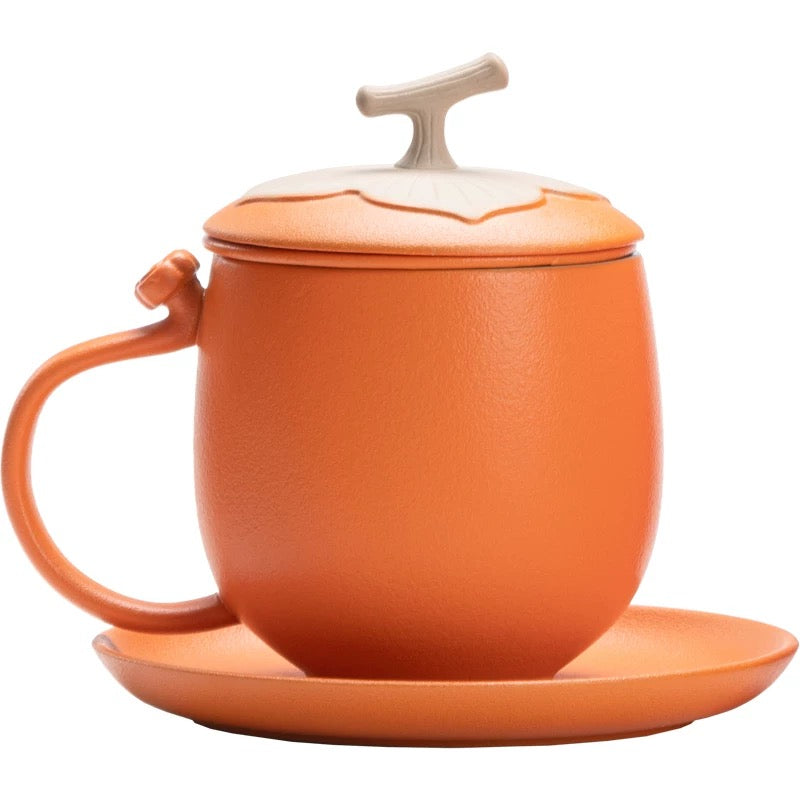 Persimmon of Good Fortun  Ceramic Tea Cup  Traditional Chinese Style Tea Infuser Mug with Filter  Premium Office or Personal Use 380ml