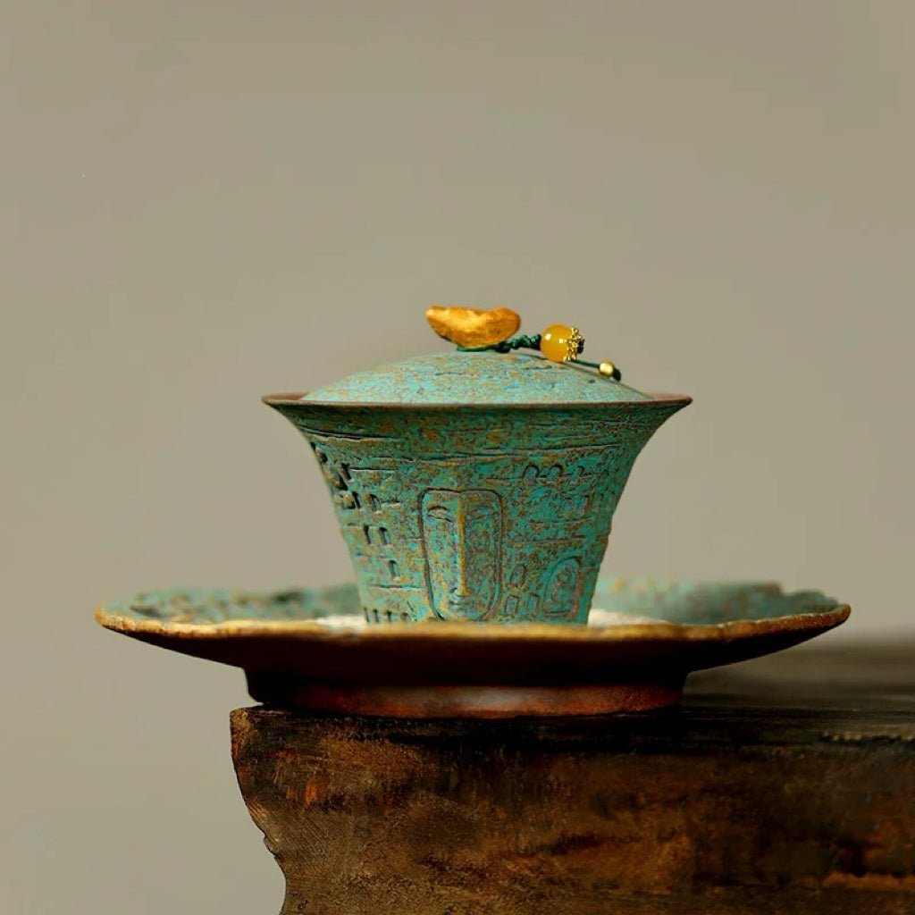 Handcrafted Three Talents Ceramic Gaiwan  Dunhuang-Inspired Heat Resistant Gongfu Tea Bowl Single Lidded Teacup for Brewing 110ml