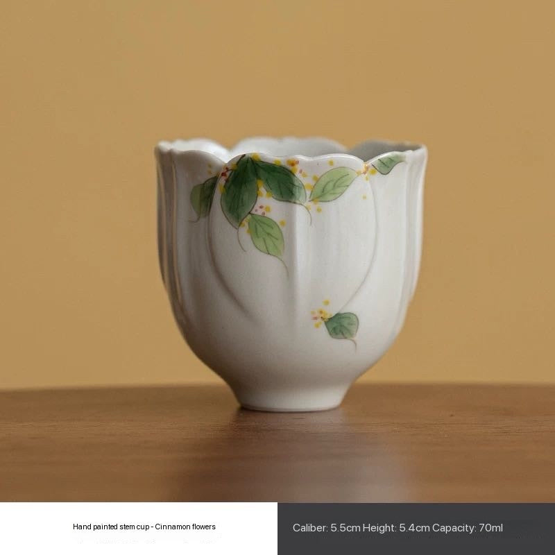 Handmade Ash Glazed Porcelain Tea Set  Wisteria and Osmanthus Patterned Tea Cups 70ml