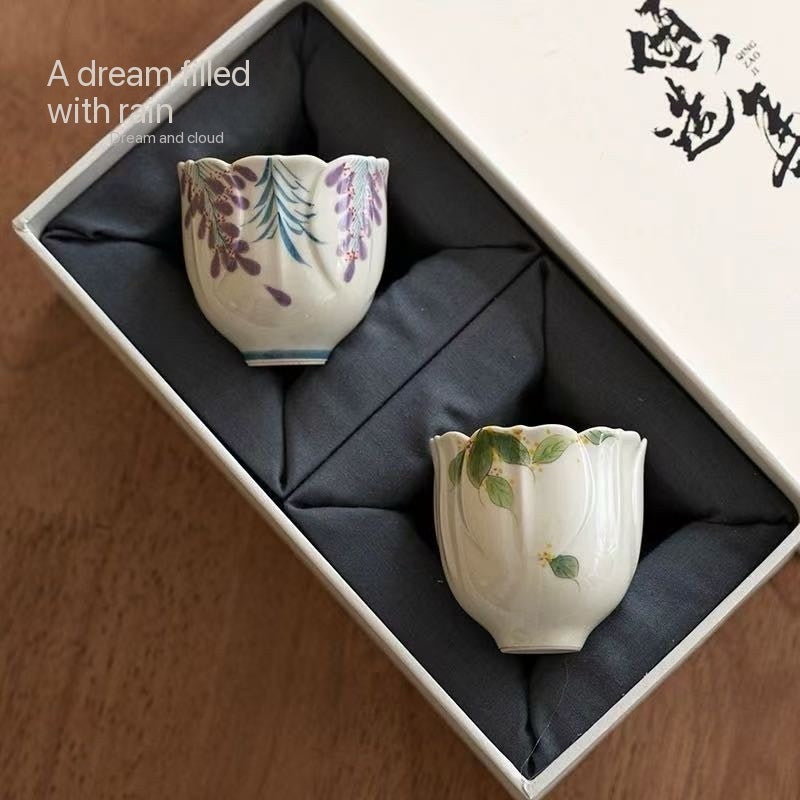 Handmade Ash Glazed Porcelain Tea Set  Wisteria and Osmanthus Patterned Tea Cups 70ml