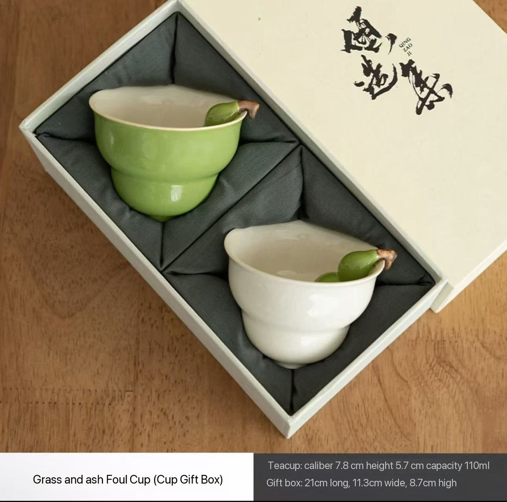 Handmade Ceramic Tea Cup  Grass Ash Glazed 'Hu Lu' Cup Single Cup for Home Use Retro Tea Tasting Cup for Men and Women 110ml