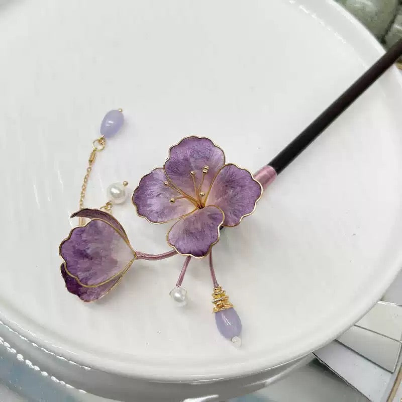 Velvet Silk Hairpin Handmade Hair Accessory with Traditional Chinese Velvet Flower and Silk Thread Art