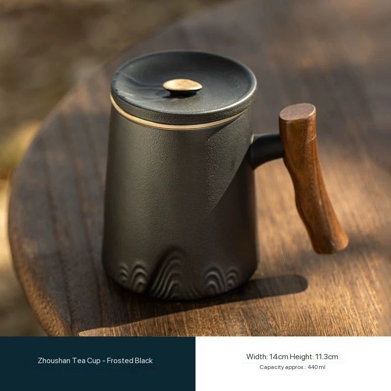 Wooden Handle Tea Infuser Mug - Premium Single-Serve Tea Cup with Lid and Filter for Office Use 440ml