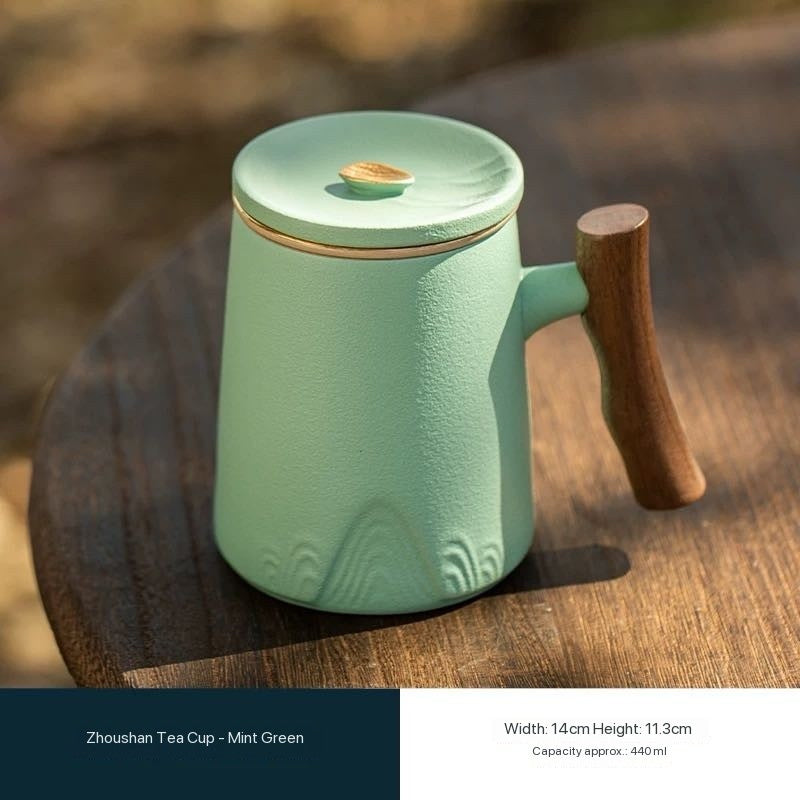 Wooden Handle Tea Infuser Mug - Premium Single-Serve Tea Cup with Lid and Filter for Office Use 440ml