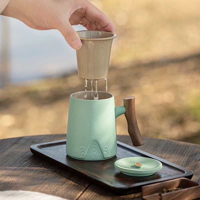 Wooden Handle Tea Infuser Mug - Premium Single-Serve Tea Cup with Lid and Filter for Office Use 440ml