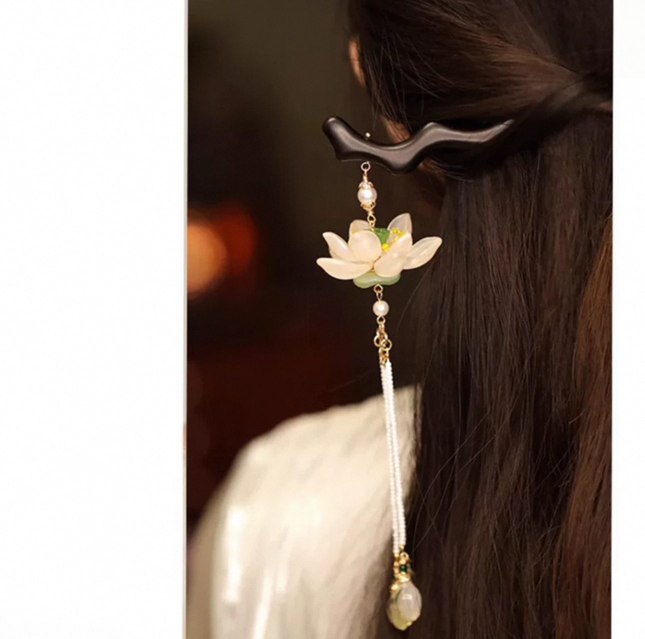 Lotus Hairpin for Women Handmade Ebony Wood Hair Accessory with Beaded Tassel