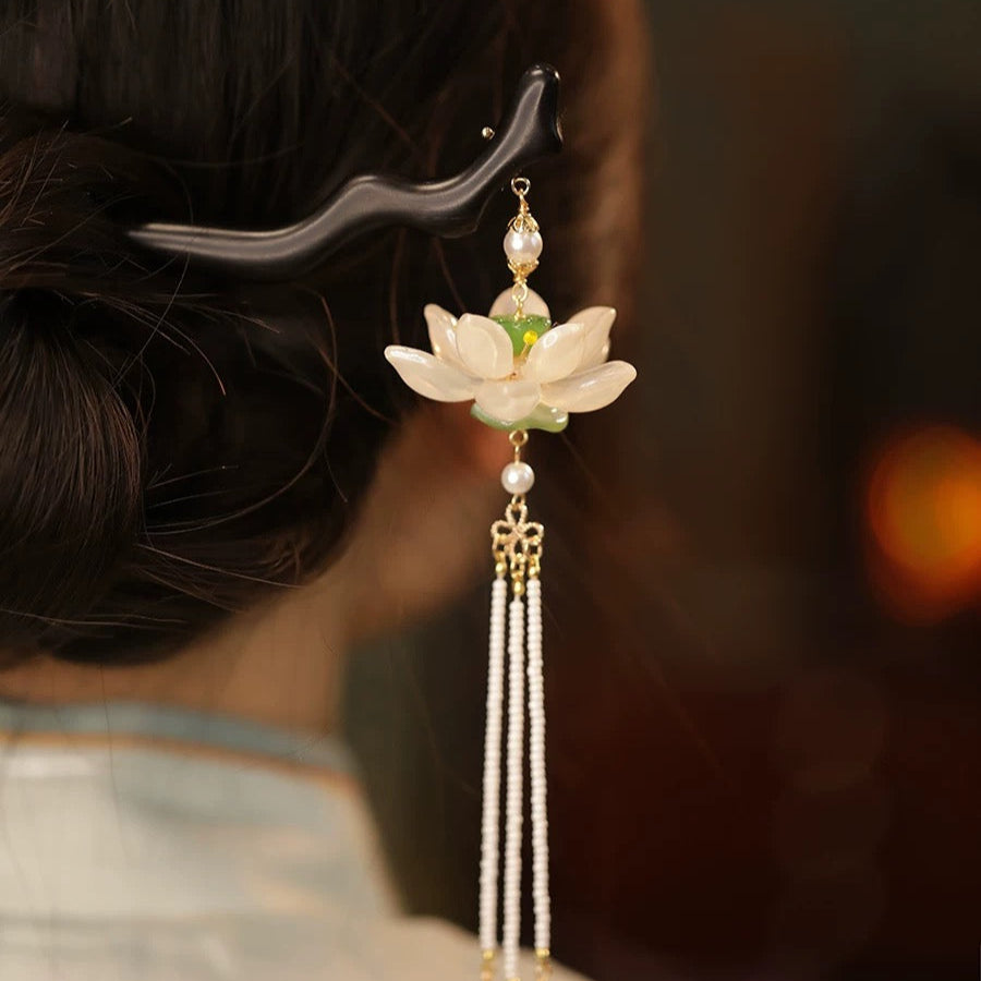 Lotus Hairpin for Women Handmade Ebony Wood Hair Accessory with Beaded Tassel