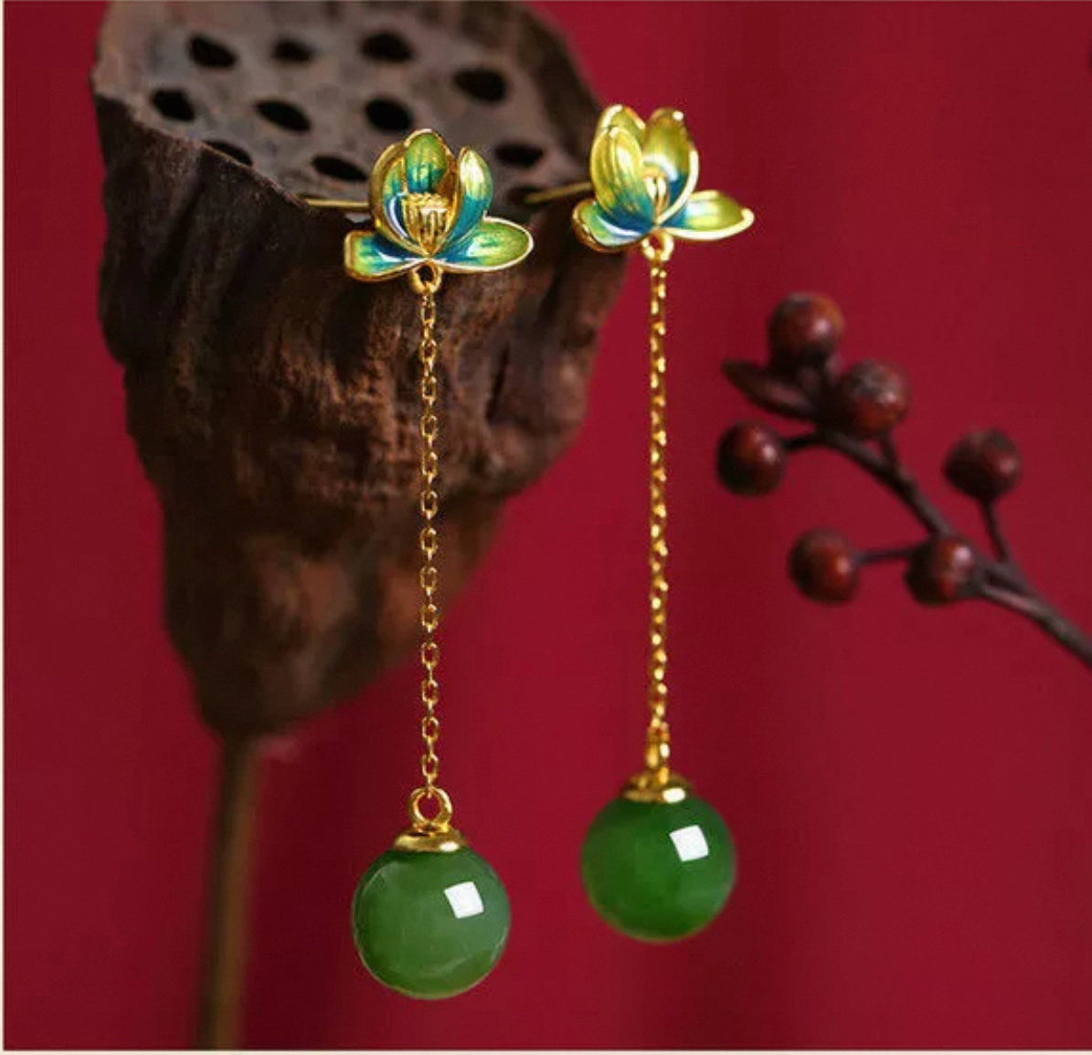 Jade Lotus Earrings with Enamel Chinese Style 925 Silver and Jade Dangle Earrings