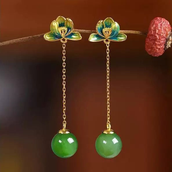 Jade Lotus Earrings with Enamel Chinese Style 925 Silver and Jade Dangle Earrings