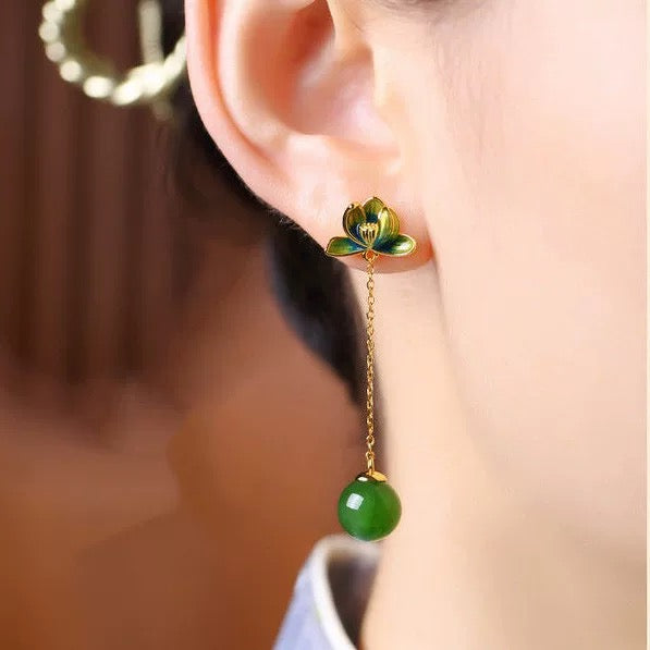 Jade Lotus Earrings with Enamel Chinese Style 925 Silver and Jade Dangle Earrings