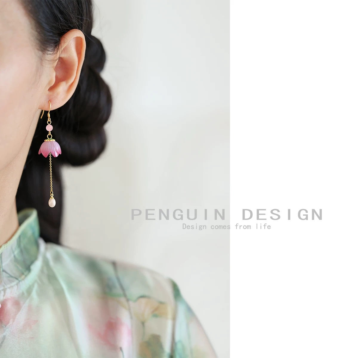Original Lotus and Lotus Leaf Drop Earrings Fresh and Elegant Chinese Style Jewelry