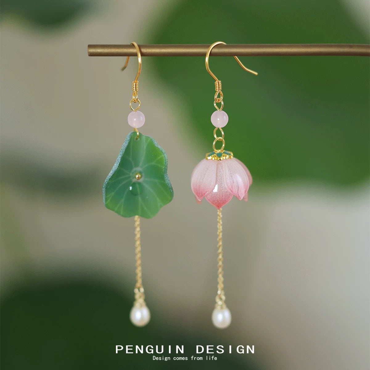 Original Lotus and Lotus Leaf Drop Earrings Fresh and Elegant Chinese Style Jewelry