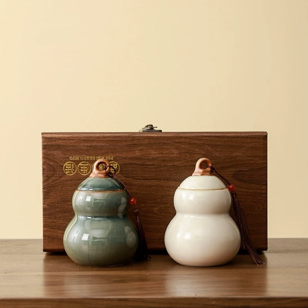 Ceramic Tea Caddy Set Sealed Storage Container with Lucky Gourd Design 200ml