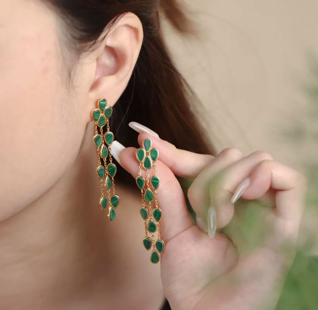 Natural Malachite Earrings  Water Drop Tassel Earrings with Premium Design