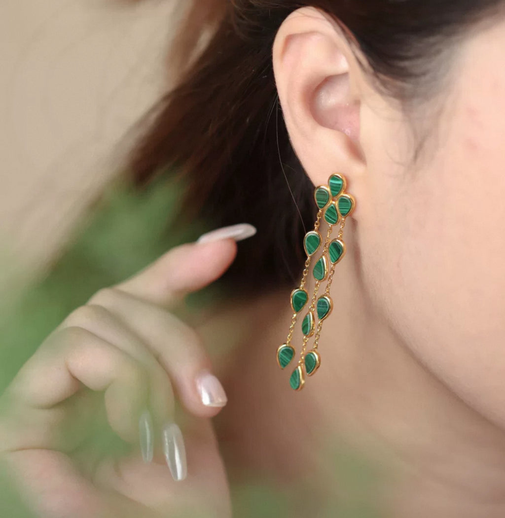 Natural Malachite Earrings  Water Drop Tassel Earrings with Premium Design