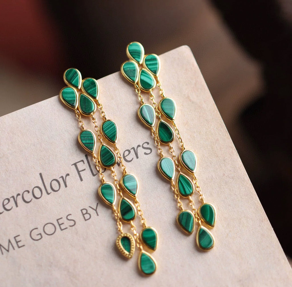 Natural Malachite Earrings  Water Drop Tassel Earrings with Premium Design