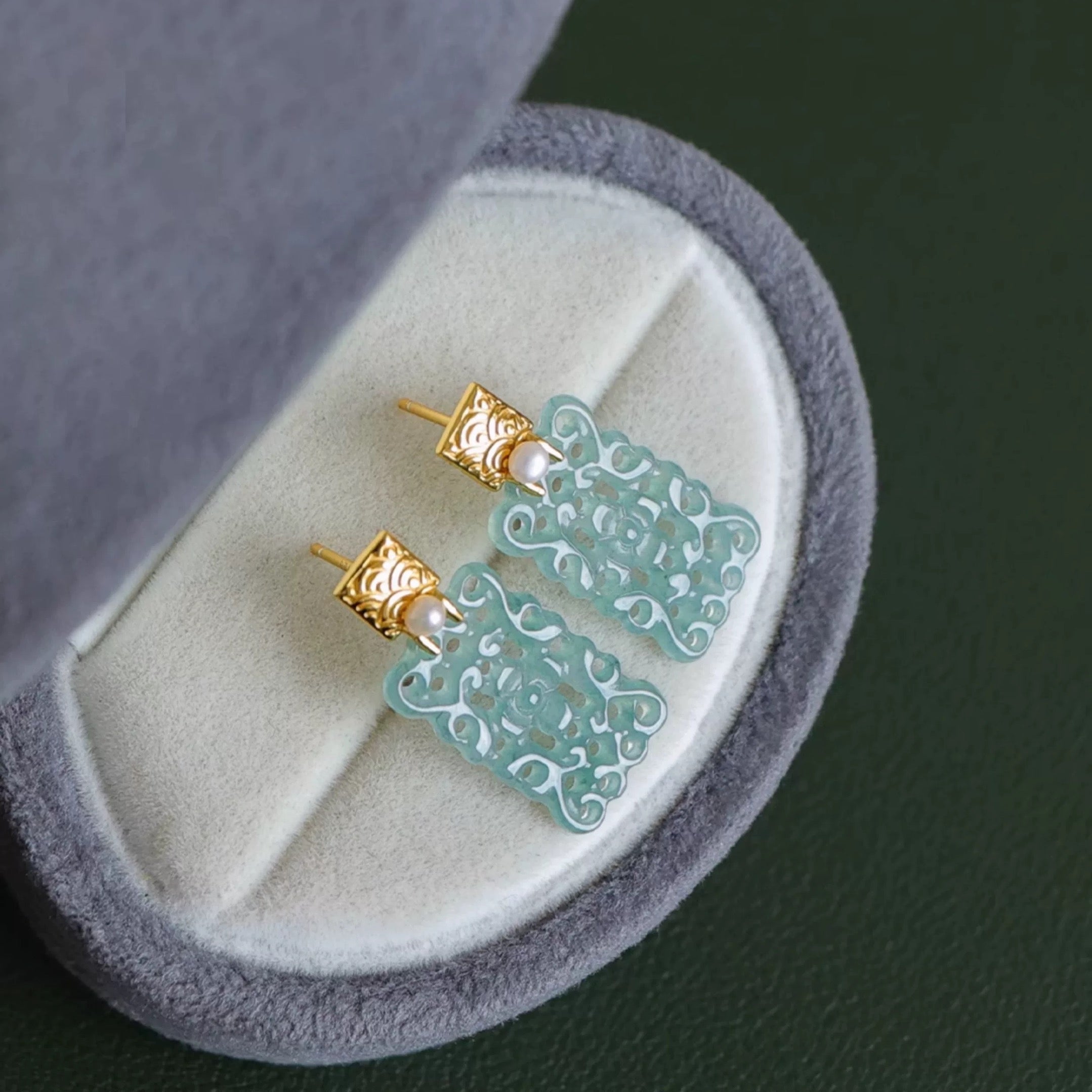 Natural Blue Water Jade Earrings Classical Carved Filigree Flower Earring with Silver Hook
