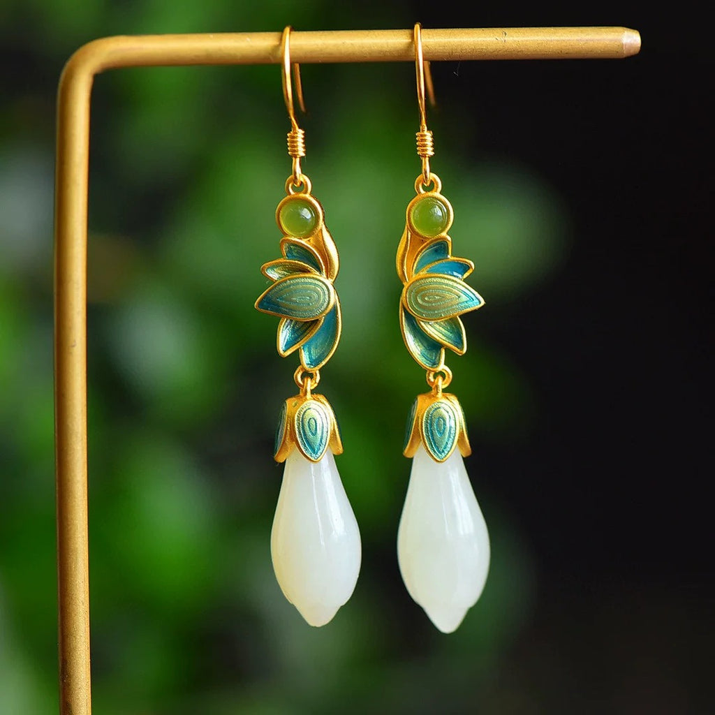 Magnolia Flower Drop Earrings with Natural Hetian Jade for Women