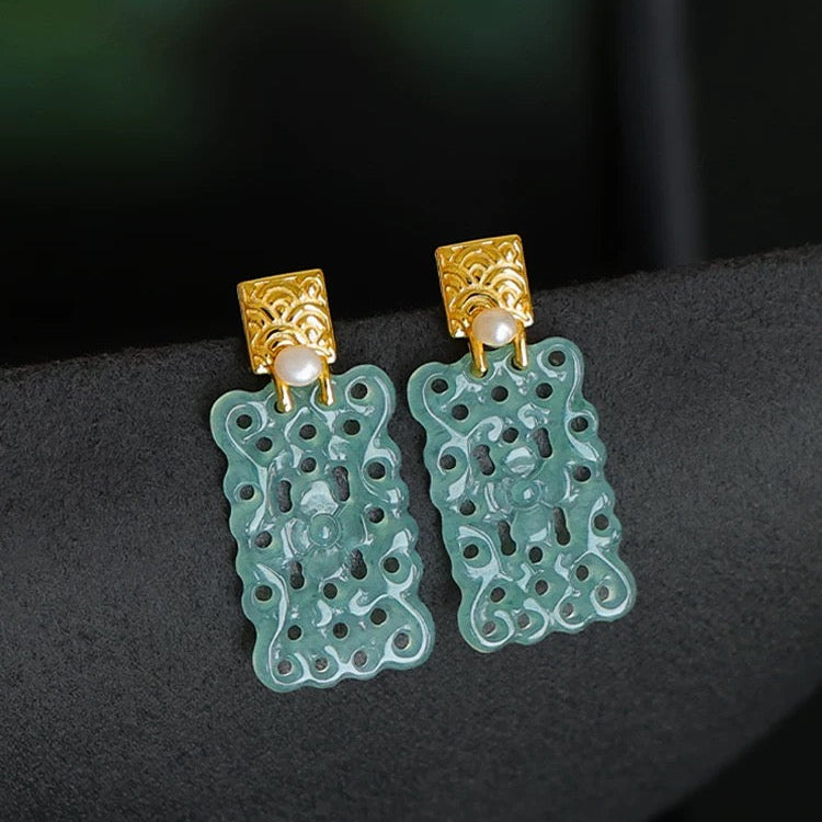 Natural Blue Water Jade Earrings Classical Carved Filigree Flower Earring with Silver Hook