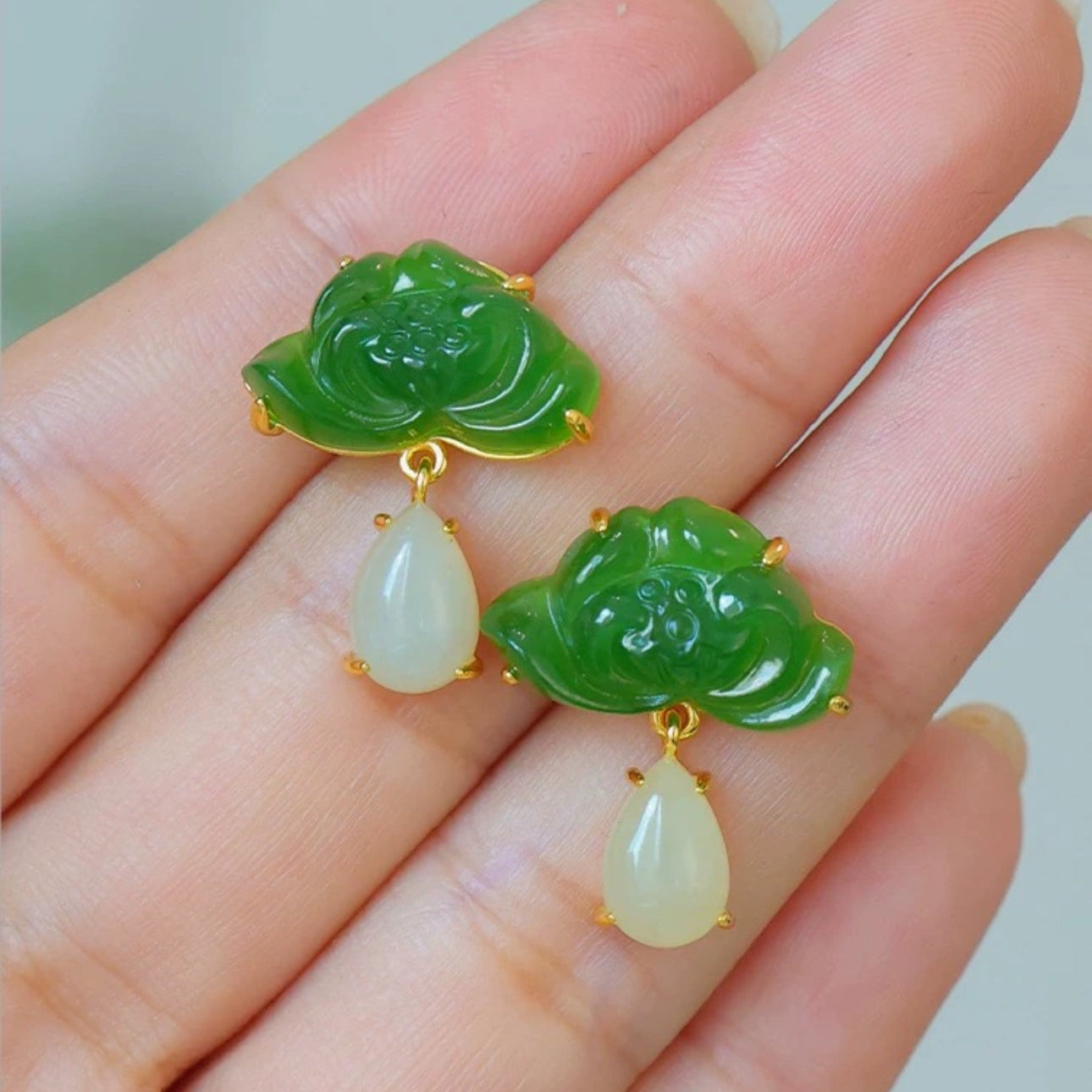 Natural Jade Lotus Earrings with White Jade Drops Exquisite Green Jade Jewelry for Women