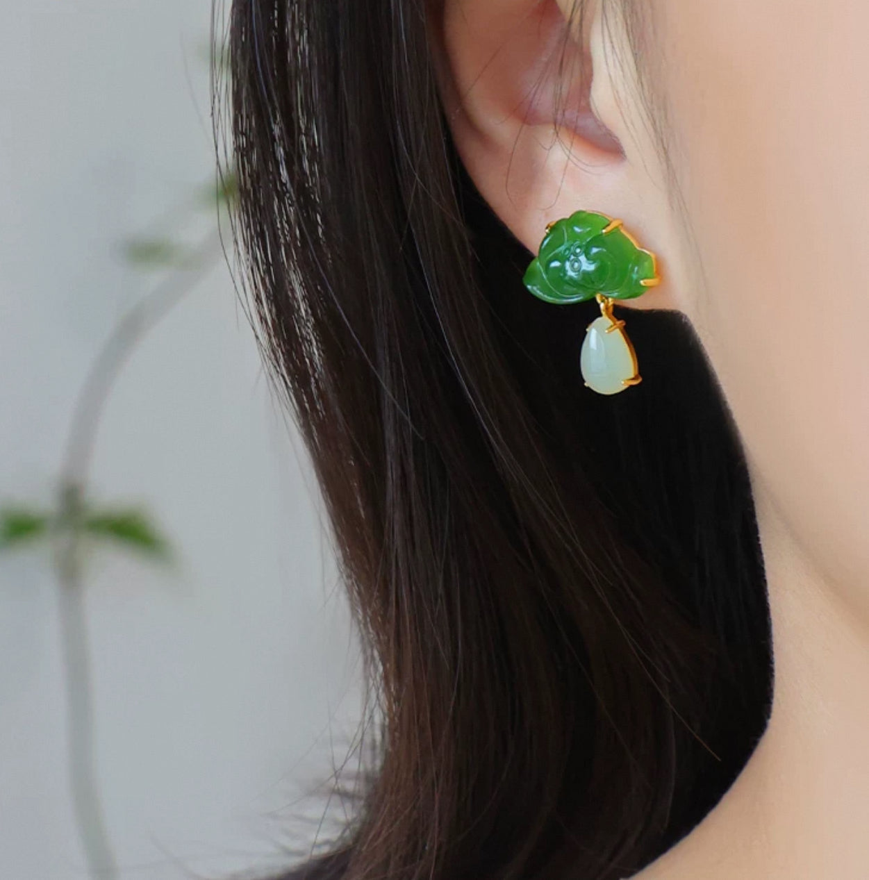 Natural Jade Lotus Earrings with White Jade Drops Exquisite Green Jade Jewelry for Women
