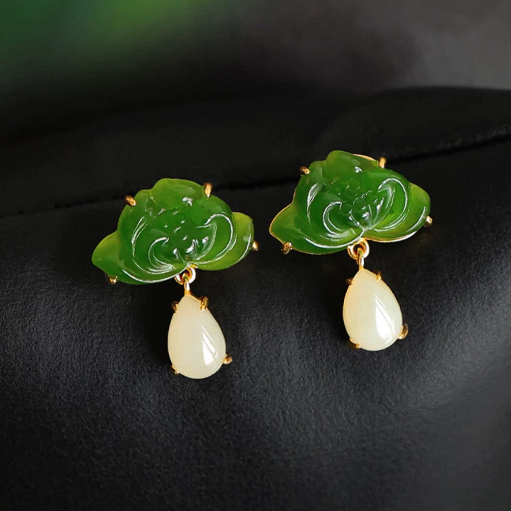 Natural Jade Lotus Earrings with White Jade Drops Exquisite Green Jade Jewelry for Women