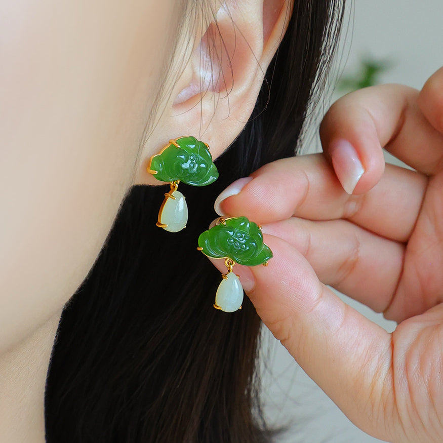 Natural Jade Lotus Earrings with White Jade Drops Exquisite Green Jade Jewelry for Women