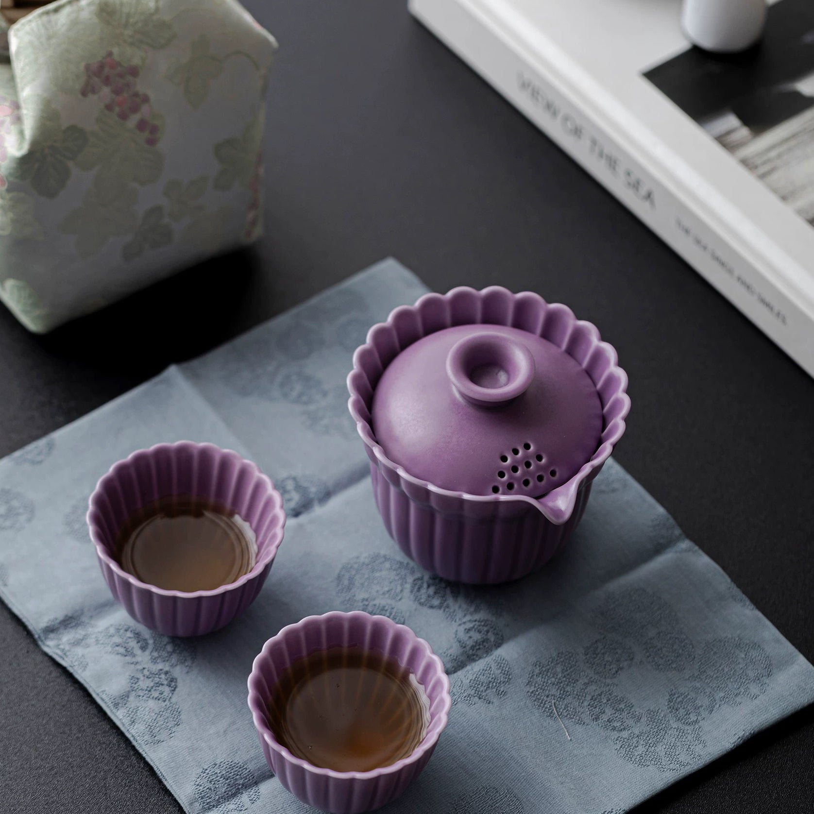 Purple Ru Glaze Chrysanthemum Petal Tea Cup and Fairness Cup Tea Set 150ml