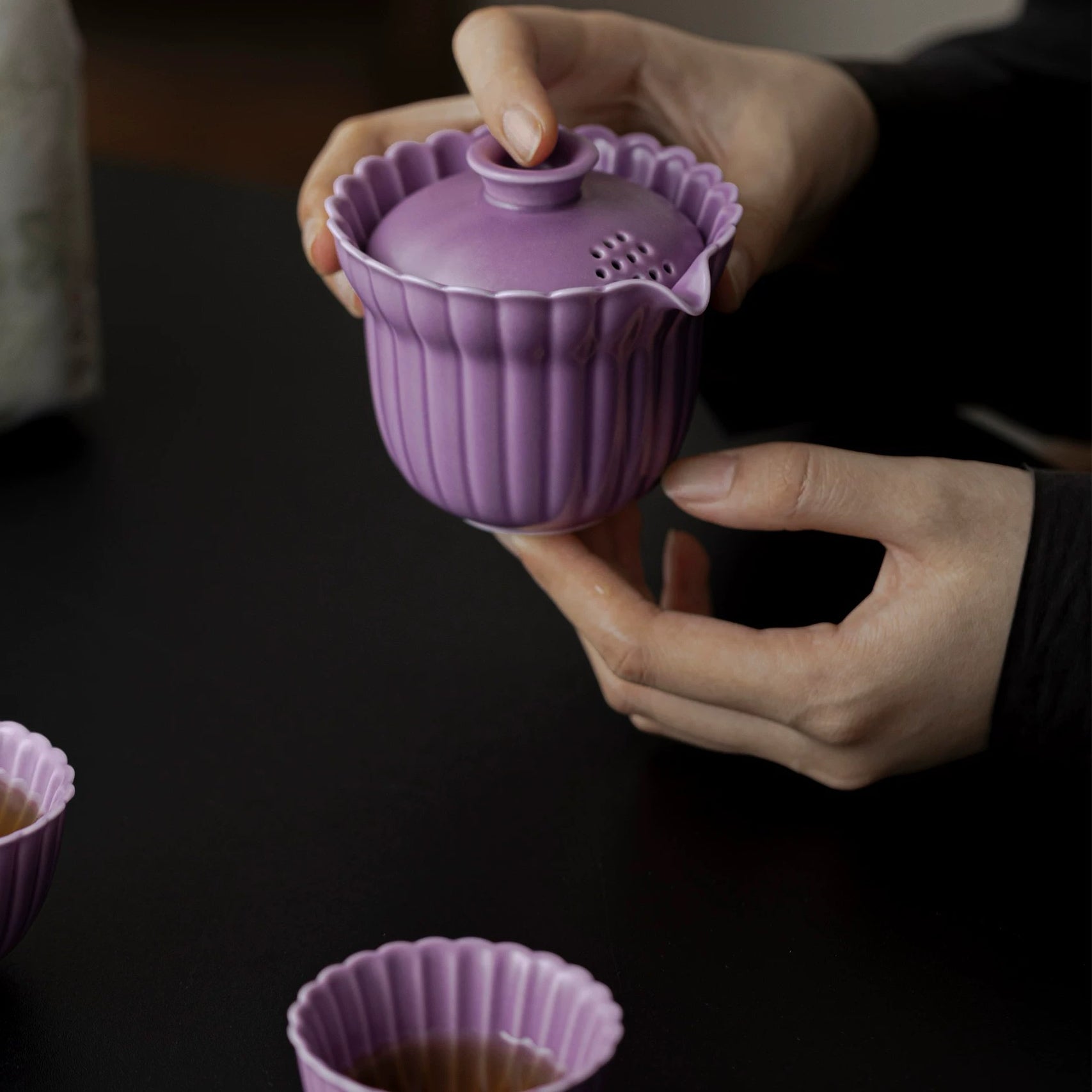 Purple Ru Glaze Chrysanthemum Petal Tea Cup and Fairness Cup Tea Set 150ml