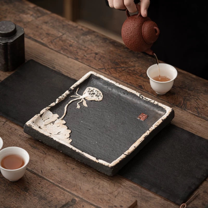 Wabi-Sabi Style Ceramic Lotus Tray Tea Plate with Water Storage and Drainage Dry Tea Platform