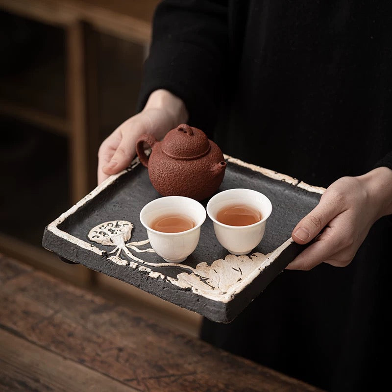 Wabi-Sabi Style Ceramic Lotus Tray Tea Plate with Water Storage and Drainage Dry Tea Platform