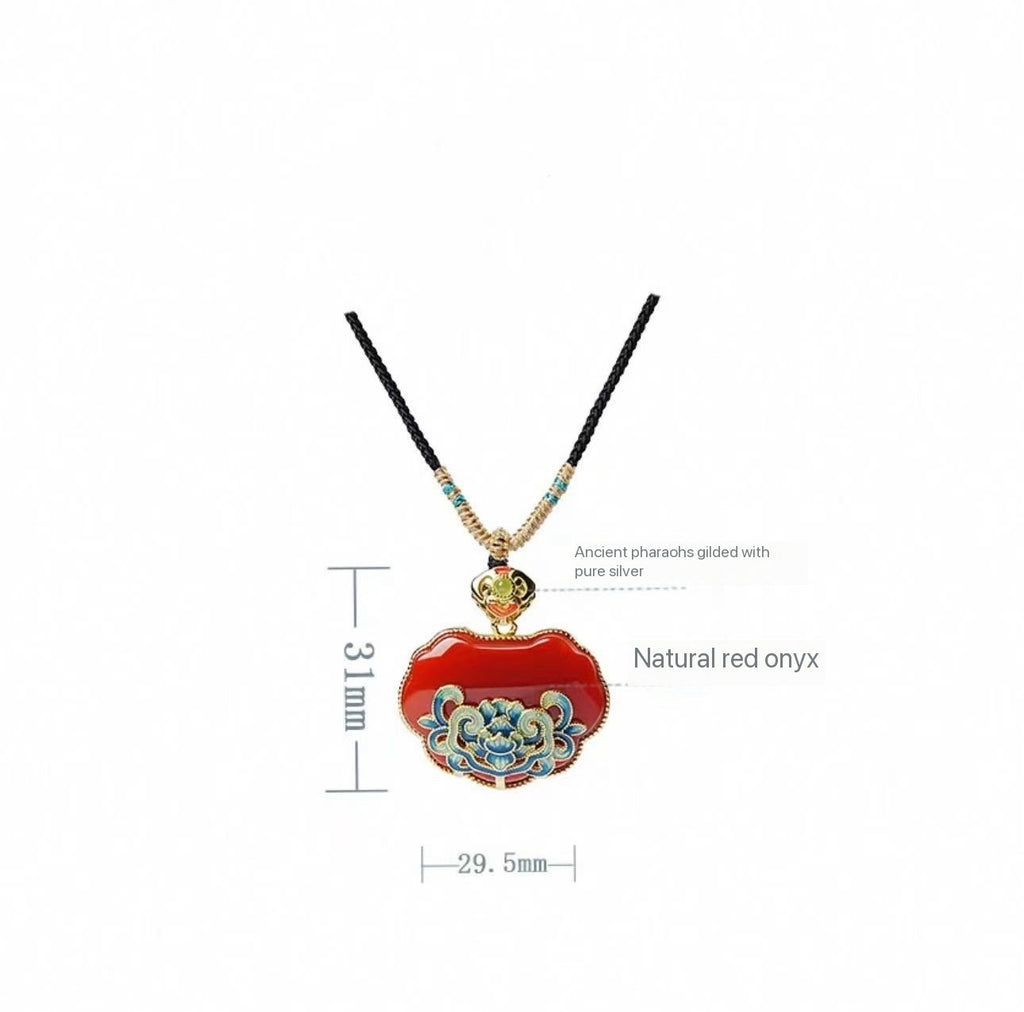 Red Agate Pure Silver Plated Gold Ruyi Pendant Sweater Chain