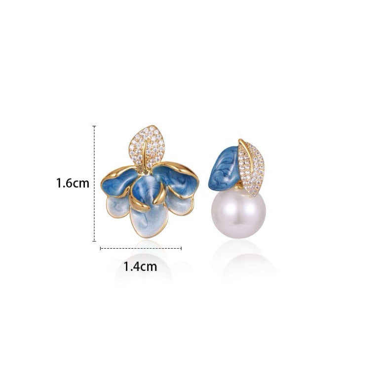 Enamel Drop Glaze Asymmetrical Leaf Pearl Earrings