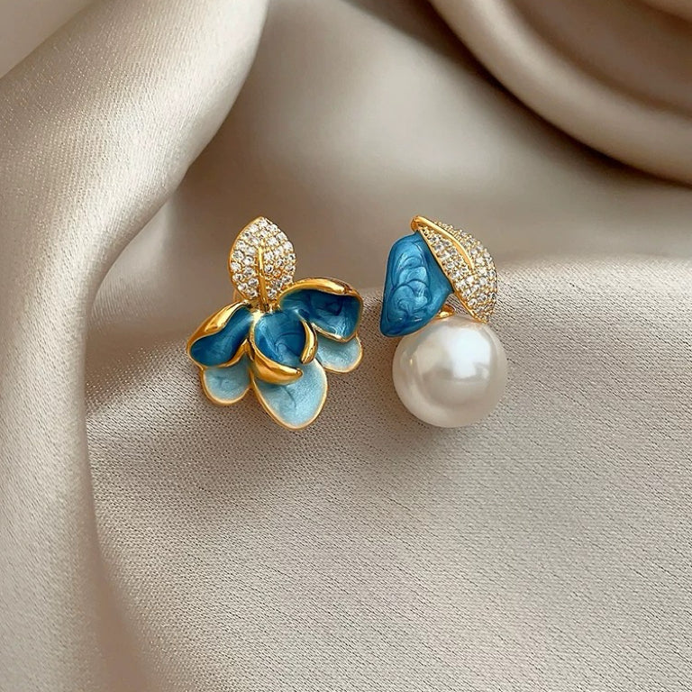 Enamel Drop Glaze Asymmetrical Leaf Pearl Earrings