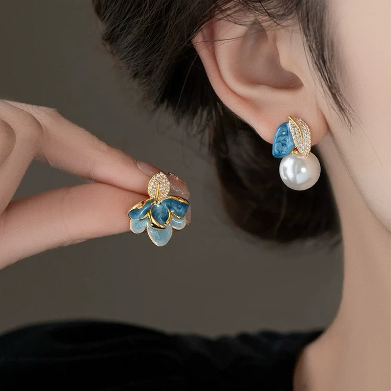 Enamel Drop Glaze Asymmetrical Leaf Pearl Earrings