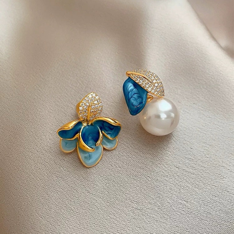 Enamel Drop Glaze Asymmetrical Leaf Pearl Earrings