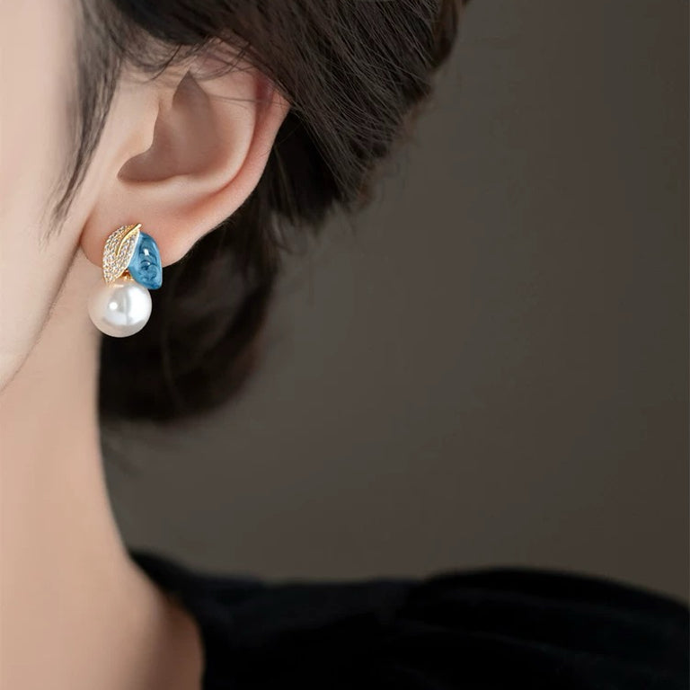 Enamel Drop Glaze Asymmetrical Leaf Pearl Earrings