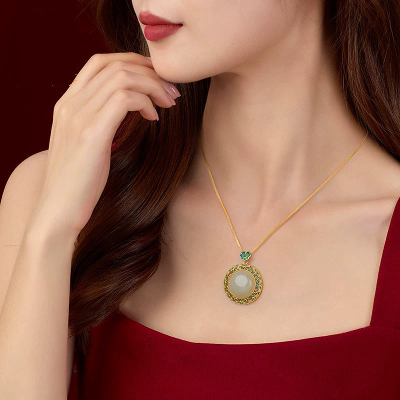 Natural Hetian Jade Round Drum Face Blessing and Longevity Enamel Pendant