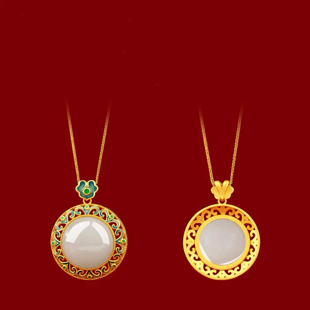 Natural Hetian Jade Round Drum Face Blessing and Longevity Enamel Pendant