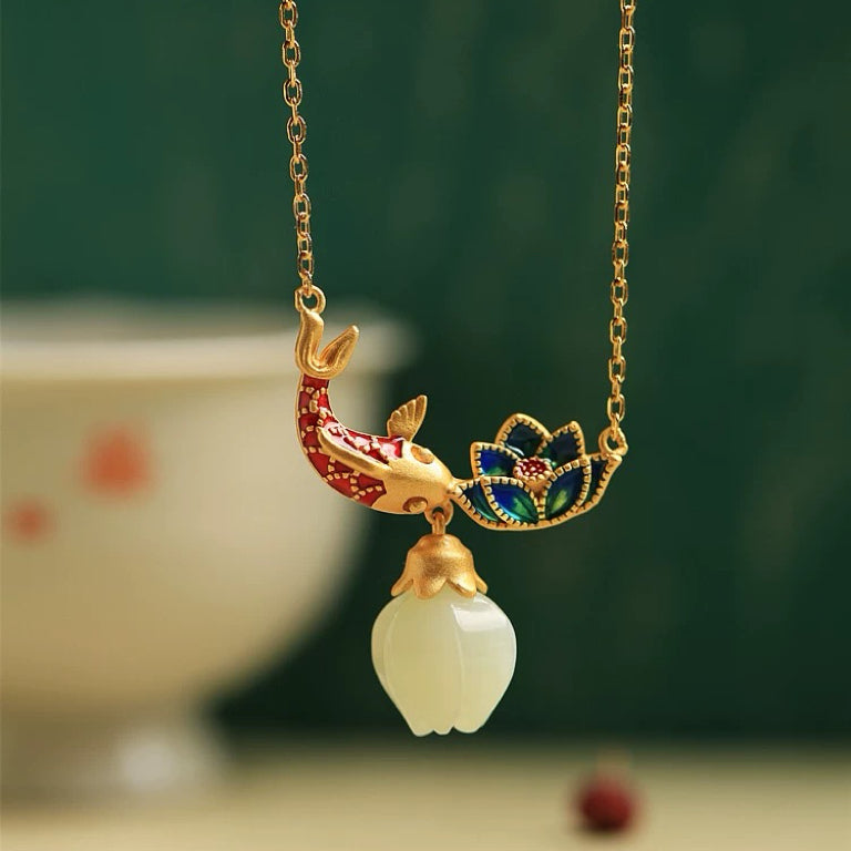 Sterling Silver Natural Hetian Jade Koi Necklace with Enamel Lotus Pendant