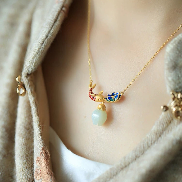 Sterling Silver Natural Hetian Jade Koi Necklace with Enamel Lotus Pendant