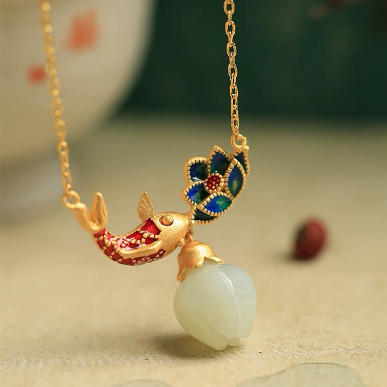 Sterling Silver Natural Hetian Jade Koi Necklace with Enamel Lotus Pendant
