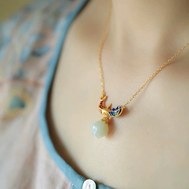 Sterling Silver Natural Hetian Jade Koi Necklace with Enamel Lotus Pendant