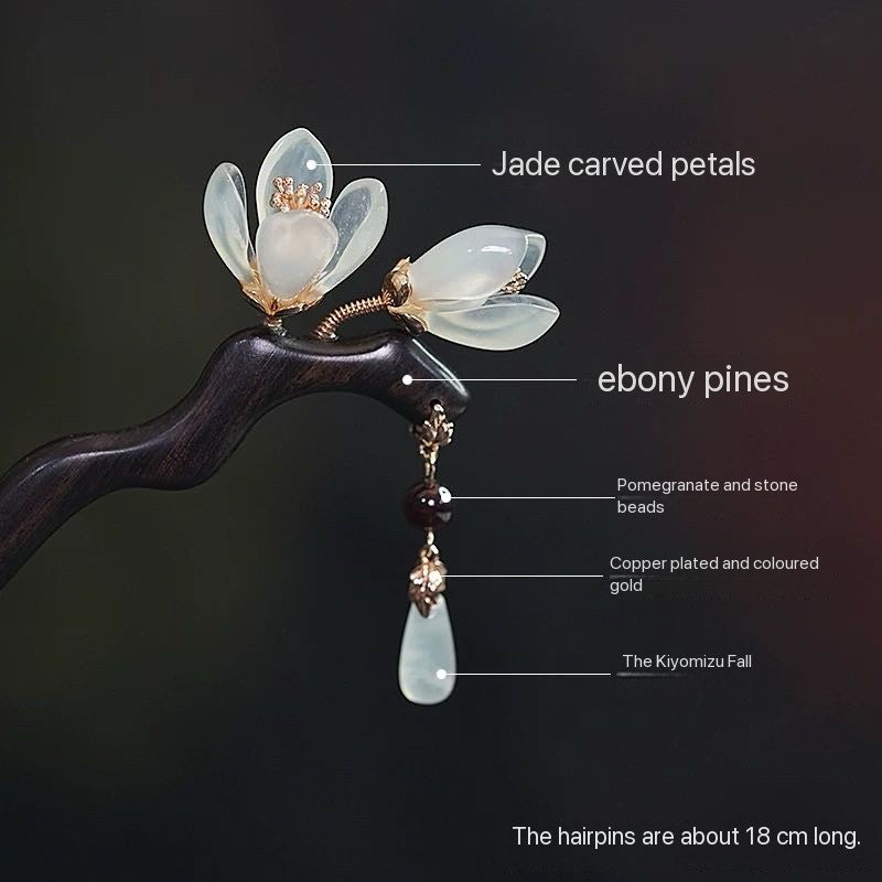 Ebony Wood Xiuyan Jade Magnolia Flower Tassel Hairpin
