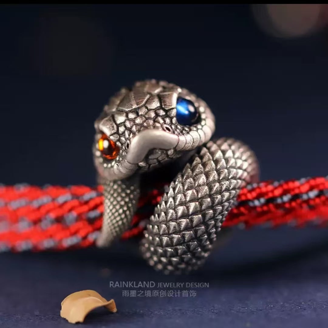 "Serpent's Fortune" Pure Silver Zodiac Bracelet – Sterling Silver Snake Year Red String Jewelry