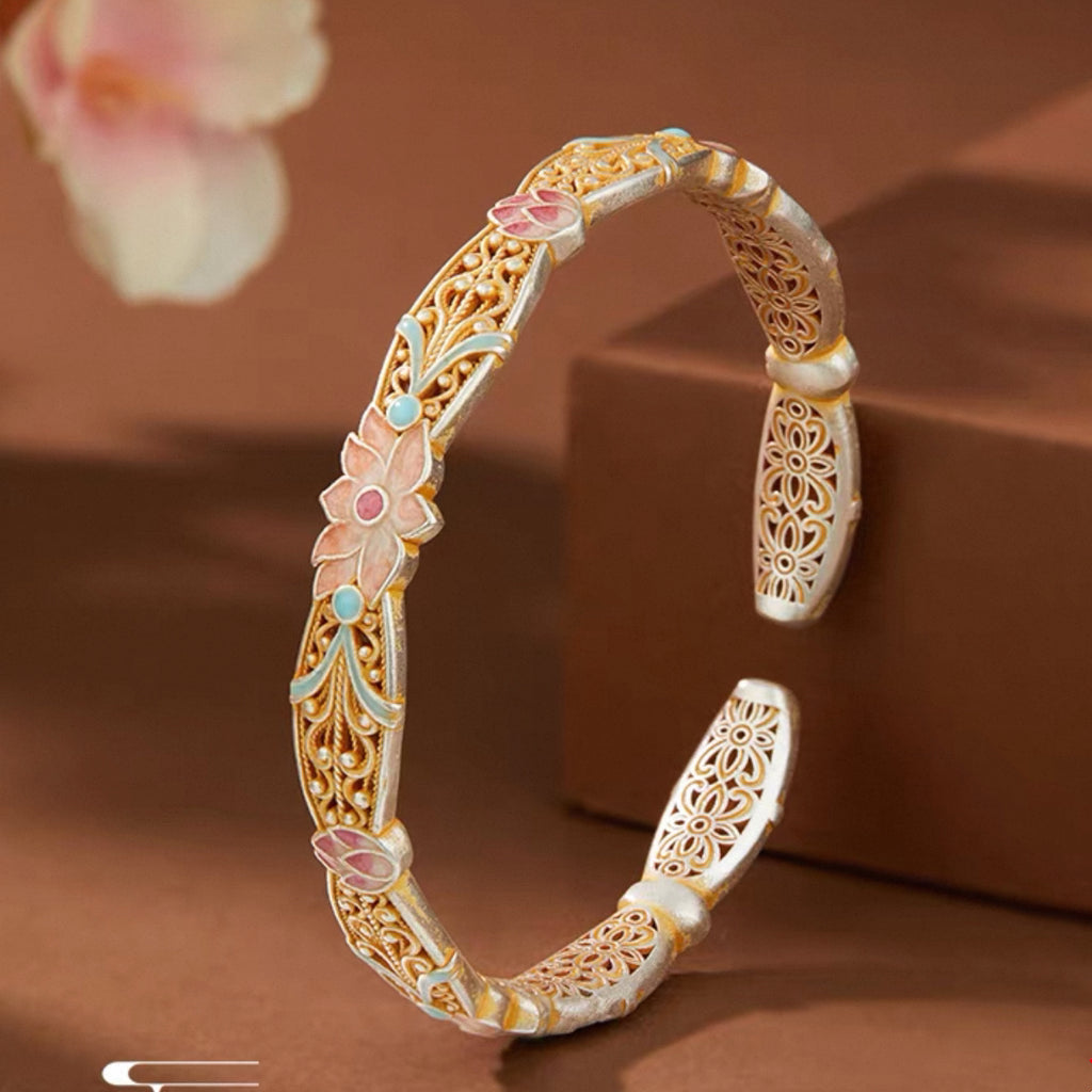 Silver Lotus Bangle – Premium S9999 Pure Silver Cuff Bracelet with Chinese Floral Motifs